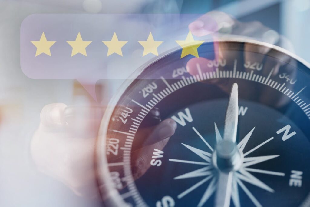 compass with 5 star review bubble