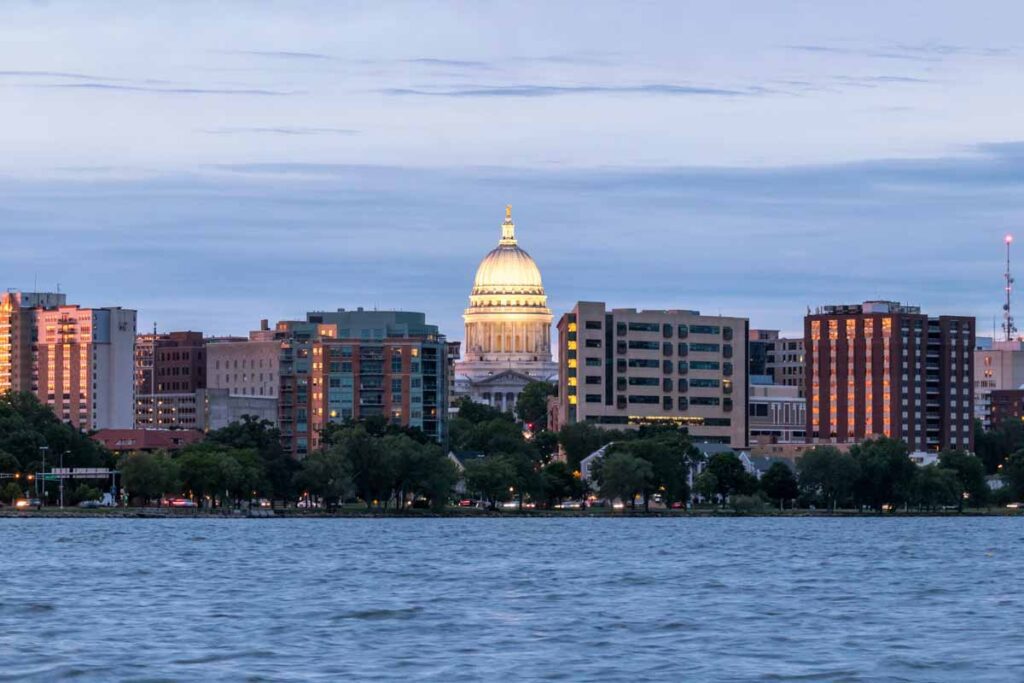 Wisconsin State Capitol and surrounding buildings across the lake