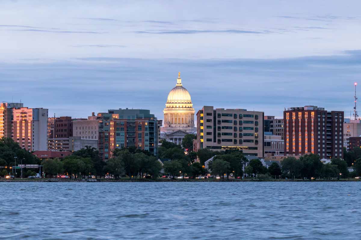 Wisconsin State Capitol and surrounding buildings across the lake