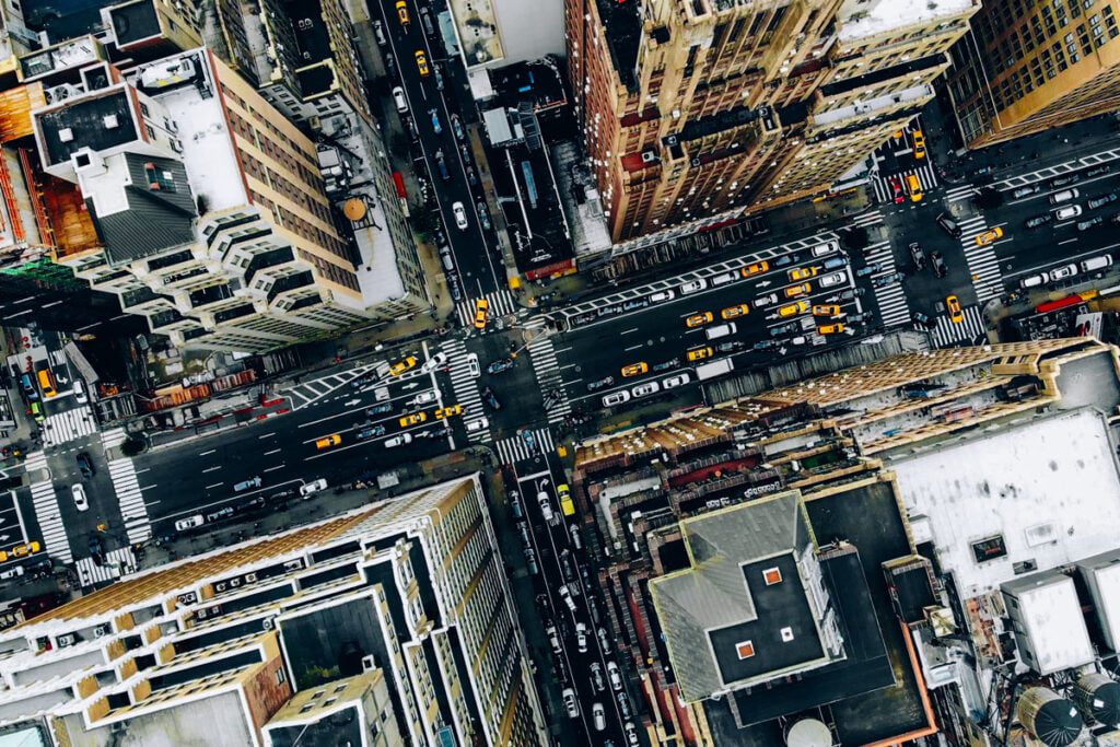 aerial view of a busy downtown