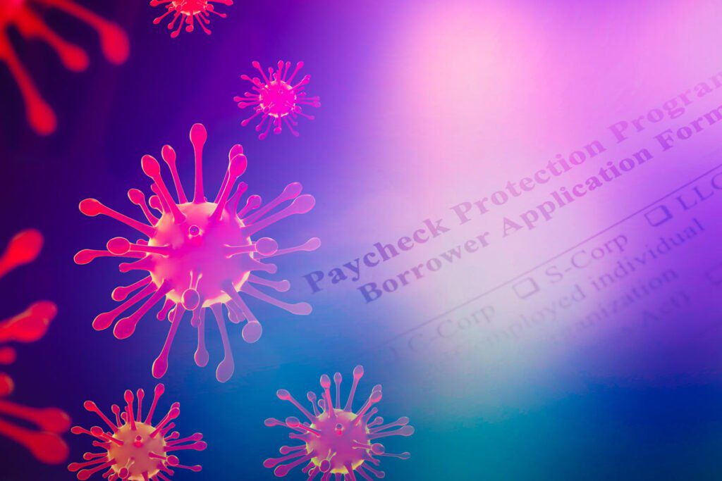 viruses over a document reading "paycheck protection program borrower application form"