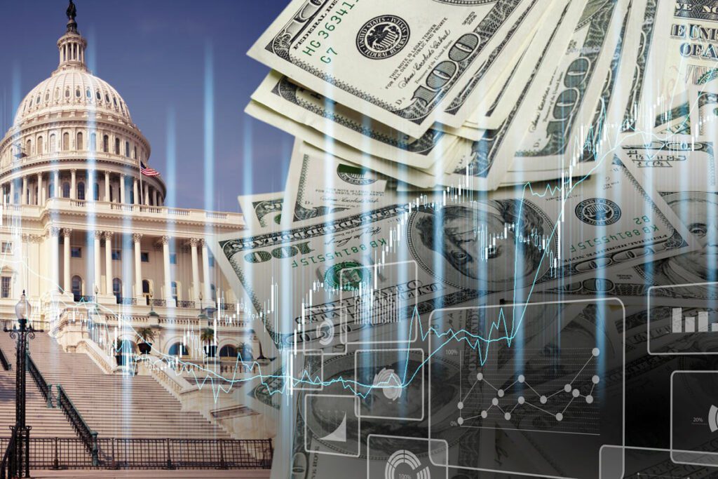 Capitol building, $100 bills, and graphs