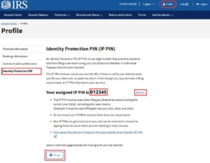 Screenshot of IRS IDme IP PIN retrieval page with boxes highlighting steps to access 2026 IP PIN