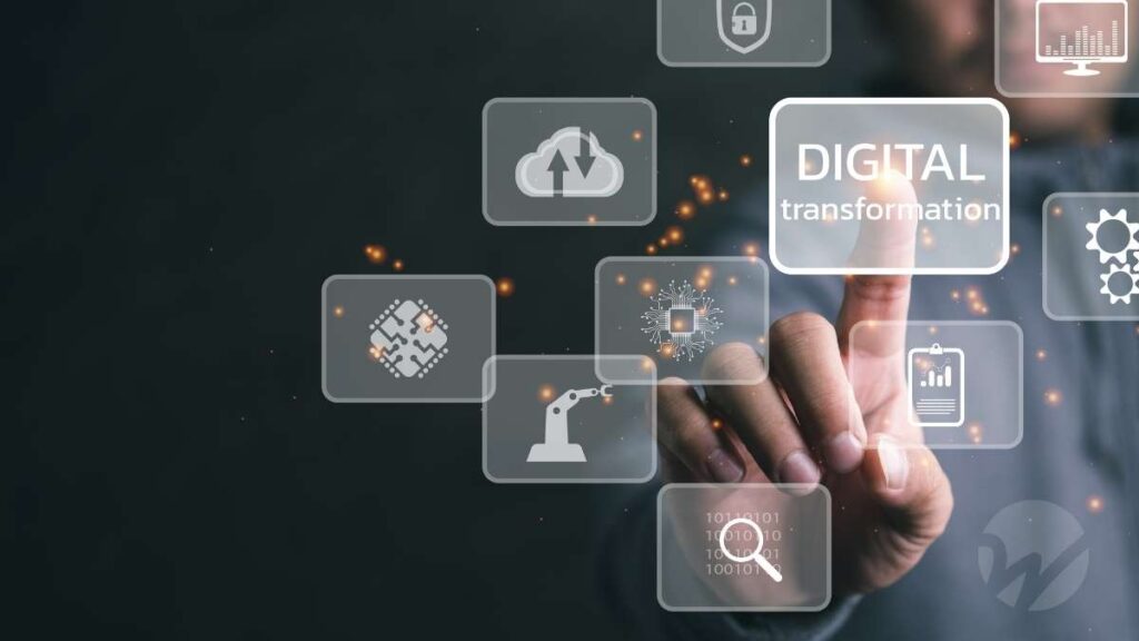 Person interacting with digital transformation interface, illustrating technology change management and integration of cloud, AI, and automation tools.