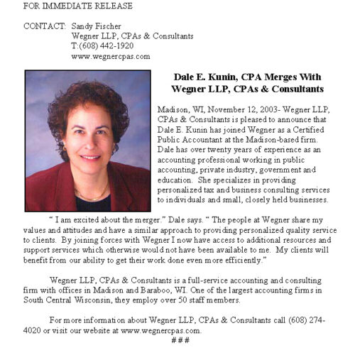 Dale Kunin merger with Wegner