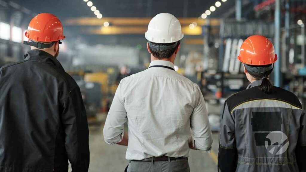 Three manufacturing professionals wearing safety helmets inside a factory, representing the industrial sector impacted by upcoming tax legislation.