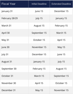 Table showing IRS Form 990 filing deadlines by fiscal year end. Example: Fiscal year ending February 28/29 has an initial deadline of July 15 and extended deadline of January 15; April 30 → September 15 / March 15; June 30 → November 15 / May 15; August 31 → January 15 / July 15; October 31 → March 15 / September 15; December 31 → May 15 / November 15.