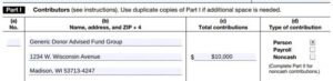 Image of IRS Form 990 Schedule B, Part I, listing a contributor named “Generic Donor Advised Fund Group” with a total contribution of $10,000, classified as a noncash contribution.
