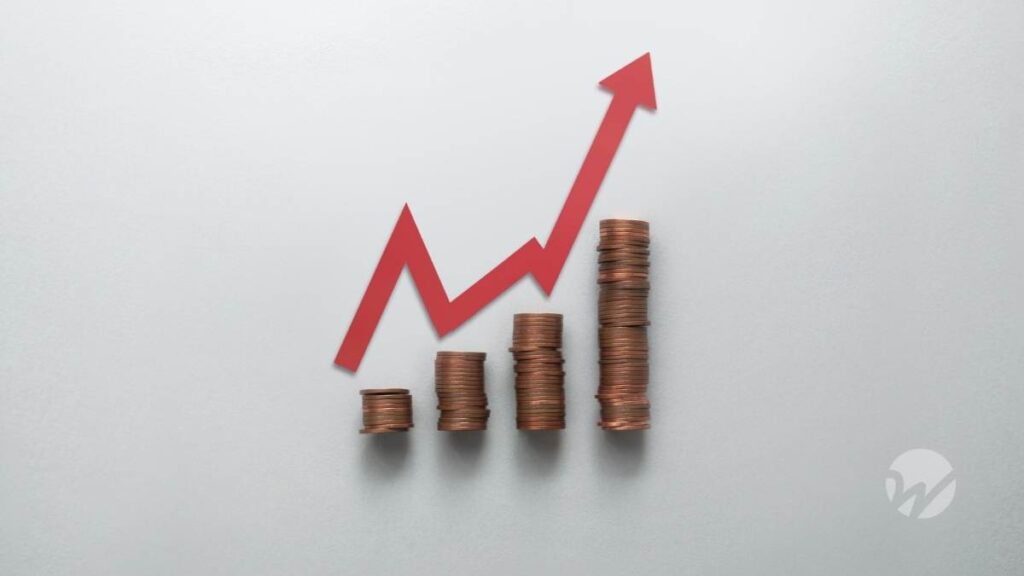 stacks of pennies in increasing length accompanied by an upward trendline representing inflation