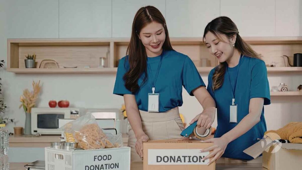 two female nonprofit employees packaging donations